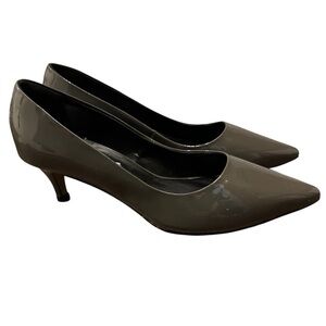 Le Chateau Patent Leather Pointed Toe Kitten Low Heel Pumps in Grey